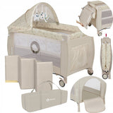 Patut pliant, Lionelo, Sven Plus, 120x60 cm, Cu doua nivele, Cu arcada jucarii, masuta de infasat, vibratii, melodii, conform cu standardele europeane de securitate EN716 si EN12221, Bej Latte