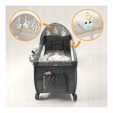 Patut pliant, Lionelo, Sven Plus, 120x60 cm, Cu doua nivele, Cu arcada jucarii, masuta de infasat, vibratii, melodii, conform cu standardele europeane de securitate EN716 si EN12221, Bej Latte