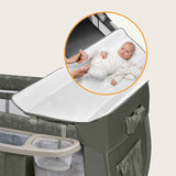 Patut pliant, Lionelo, Sven Plus, 120x60 cm, Cu doua nivele, Cu arcada jucarii, masuta de infasat, vibratii, melodii, conform cu standardele europeane de securitate EN716 si EN12221, Bej Olive