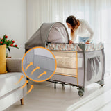 Patut pliant, Lionelo, Sven Plus, 120x60 cm, Cu doua nivele, Cu arcada jucarii, masuta de infasat, vibratii, melodii, conform cu standardele europeane de securitate EN716 si EN12221, Bej Olive