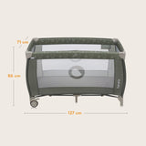 Patut pliant, Lionelo, Sven Plus, 120x60 cm, Cu doua nivele, Cu arcada jucarii, masuta de infasat, vibratii, melodii, conform cu standardele europeane de securitate EN716 si EN12221, Bej Olive