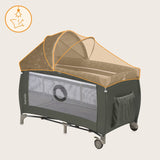 Patut pliant, Lionelo, Sven Plus, 120x60 cm, Cu doua nivele, Cu arcada jucarii, masuta de infasat, vibratii, melodii, conform cu standardele europeane de securitate EN716 si EN12221, Bej Olive