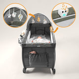 Patut pliant, Lionelo, Sven Plus, 120x60 cm, Cu doua nivele, Cu arcada jucarii, masuta de infasat, vibratii, melodii, conform cu standardele europeane de securitate EN716 si EN12221, Bej Olive