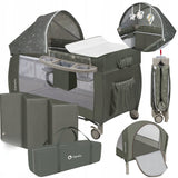 Patut pliant, Lionelo, Sven Plus, 120x60 cm, Cu doua nivele, Cu arcada jucarii, masuta de infasat, vibratii, melodii, conform cu standardele europeane de securitate EN716 si EN12221, Bej Olive
