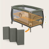 Patut pliant, Lionelo, Sven Plus, 120x60 cm, Cu doua nivele, Cu arcada jucarii, masuta de infasat, vibratii, melodii, conform cu standardele europeane de securitate EN716 si EN12221, Bej Olive