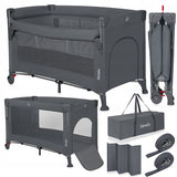 Patut pliant multifunctional, Lionelo, Ellen, Cu laterala culisanta, Nivel suplimentar, Intrare laterala cu fermoar, 2 roti, Saltea pliabila si geanta de transport incluse, 0- 36 luni, Pana la 15 kg, 120x60 cm, Conform cu EN 716, Gri