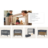 Patut pliant multifunctional, Lionelo, Ellen, Cu laterala culisanta, Nivel suplimentar, Intrare laterala cu fermoar, 2 roti, Saltea pliabila si geanta de transport incluse, 0- 36 luni, Pana la 15 kg, 120x60 cm, Conform cu EN 716, Gri