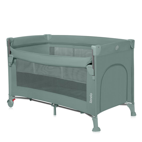 Patut pliant multifunctional, Lionelo, Ellen, Cu laterala culisanta, Nivel suplimentar, Intrare laterala cu fermoar, 2 roti, Saltea pliabila si geanta de transport incluse, 0- 36 luni, Pana la 15 kg, 120x60 cm, Conform cu EN 716, Verde