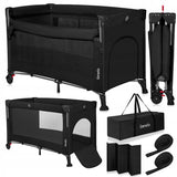 Patut pliant multifunctional, Lionelo, Ellen, Cu laterala culisanta, Nivel suplimentar, Intrare laterala cu fermoar, 2 roti, Saltea pliabila si geanta de transport incluse, 0- 36 luni, Pana la 15 kg, 120x60 cm, Conform cu EN 716, Negru