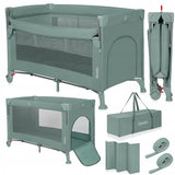 Patut pliant multifunctional, Lionelo, Ellen, Cu laterala culisanta, Nivel suplimentar, Intrare laterala cu fermoar, 2 roti, Saltea pliabila si geanta de transport incluse, 0- 36 luni, Pana la 15 kg, 120x60 cm, Conform cu EN 716, Verde