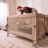 Patut pliant multifunctional, Lionelo, Ellen, Cu laterala culisanta, Nivel suplimentar, Intrare laterala cu fermoar, 2 roti, Saltea pliabila si geanta de transport incluse, 0- 36 luni, Pana la 15 kg, 120x60 cm, Conform cu EN 716, Gri