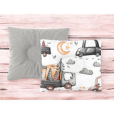 Perna bebelus, MimiNu, Profilata, Cu doua fete, Cu functie anti-soc, Pufoasa, Din catifea si bumbac, Materiale certificate Oeko Tex Standard 100, 23x26 cm, Velvet Cars Grey
