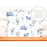 Perna clasica de dormit, MimiNu, Cu volanas, Cu husa detasabila cu fermoar, Din bumbac certificat Oeko Tex Standard 100, Pentru patut, carucior, balansoar, 30x40 cm, Blue Plane