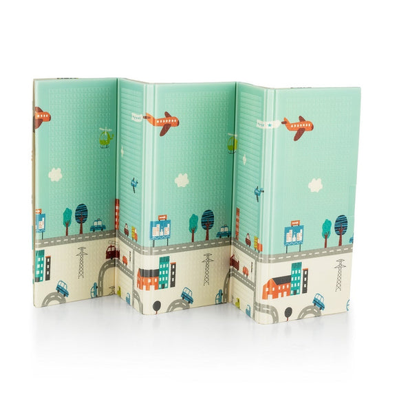 Covoras de joaca, Petite&Mars, Reversibil, Include geanta pentru transport, Pliabil si impermeabil, Non-toxic, 197 x 147 x 1 cm, Oras, 0 luni+, Multicolor