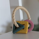 Jucarie dentitie, Petite&Mars, Include 3 forme geometrice, Moale, Cu diverse texturi, Silicon, Fara BPA, 0 luni+, Multicolor