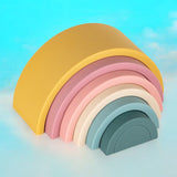 Jucarie pentru stivuire, Petite&Mars, Curcubeu, 14x7.5x5 cm, Silicon, Fara BPA, 6 piese, 12 luni+, Galben