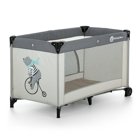 Patut pliant, Petite&Mars, Nyja Teddy Biker, Cu un nivel, Cu intrare laterala cu fermoar, 2 roti, 120x60 cm, Conform cu standardele europene de securitate EN 716-1:207+AC:2019, EN 716-2:2017, EN 71-3:2019, Grey