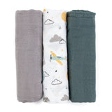 Set 3 scutece, Petite&Mars, Moussy Grey Planes, Din muselina de bambus, Hipoalergenice, 68 x 68 cm, Certificate Oeko Tex Standard 100, Multicolor