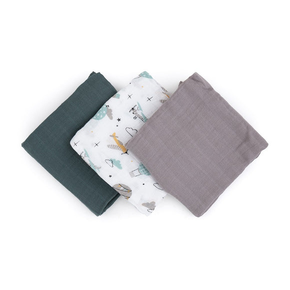 Set 3 scutece, Petite&Mars, Moussy Grey Planes, Din muselina de bambus, Hipoalergenice, 68 x 68 cm, Certificate Oeko Tex Standard 100, Multicolor