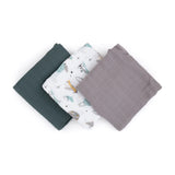 Set 3 scutece, Petite&Mars, Moussy Grey Planes, Din muselina de bambus, Hipoalergenice, 68 x 68 cm, Certificate Oeko Tex Standard 100, Multicolor