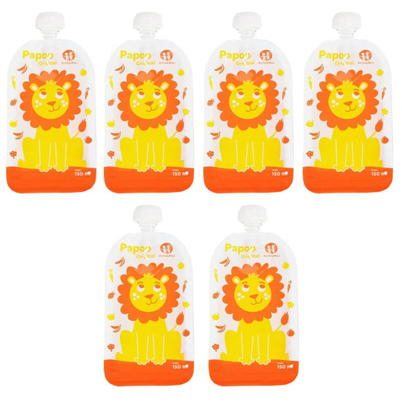 Set 6 pungi reutilizabile, Petite&Mars, Pentru hranire, Cu leuti, Inchidere ermetica, 20x10 cm, 150 ml, Papoo Portocaliu