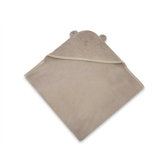 Prosop cu gluga, Qmini, Mare, Cu broderie si urechi, Dimensiune 100x100 cm, Din tricot termo-terry din bambus, Materiale certificate Oeko Tex Standard 100, Teddy Bear Mocha