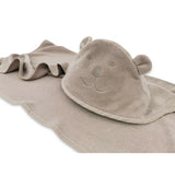 Prosop cu gluga, Qmini, Mare, Cu broderie si urechi, Dimensiune 100x100 cm, Din tricot termo-terry din bambus, Materiale certificate Oeko Tex Standard 100, Teddy Bear Mocha