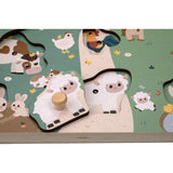Puzzle muzical din lemn, Free2Play, Cu animalute de la ferma, Cu sunete, Cu maner, Stimuleaza simturile, invatarea prin joc si imaginatia, 29,8 x 21,2 x 3,8 cm, Farm