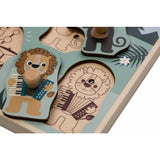 Puzzle muzical din lemn, Free2Play, Cu animalute din jungla, Cu sunete, Cu maner, Stimuleaza simturile, invatarea prin joc si imaginatia, 30x21,5x3,5 cm, Jungle