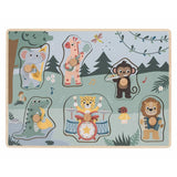 Puzzle muzical din lemn, Free2Play, Cu animalute din jungla, Cu sunete, Cu maner, Stimuleaza simturile, invatarea prin joc si imaginatia, 30x21,5x3,5 cm, Jungle