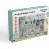 Puzzle muzical din lemn, Free2Play, Cu animalute din jungla, Cu sunete, Cu maner, Stimuleaza simturile, invatarea prin joc si imaginatia, 30x21,5x3,5 cm, Jungle