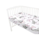 Cearceaf cu elastic, Qmini, Pentru patut 120x60 cm, Din bumbac certificat Oeko Tex Standard 100, Elephants on Rainbow Pink