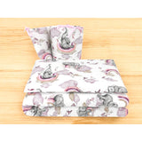 Lenjerie patut 3 piese, Qmini, Pentru patut 120x60 cm, Cu protectie laterala, Din bumbac certificat Oeko Tex Standard 100, Elephants on Rainbow Pink