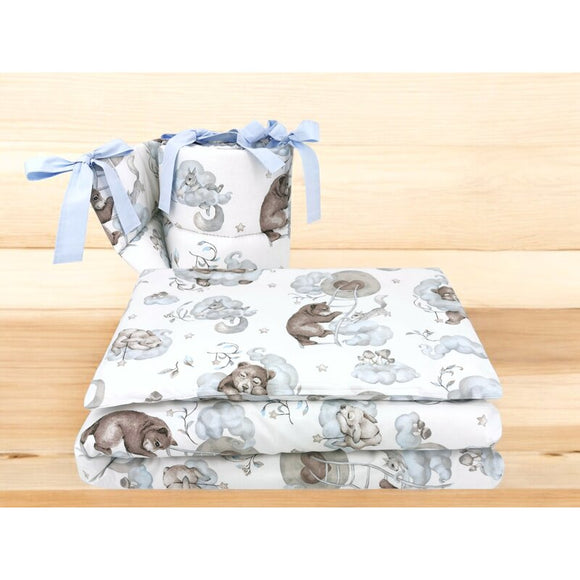 Lenjerie patut 3 piese, Qmini, Pentru patut 120x60 cm, Cu protectie laterala, Din bumbac certificat Oeko Tex Standard 100, Teddy Bear and Friends Blue