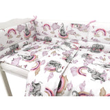 Lenjerie patut 3 piese, Qmini, Pentru patut 140x70 cm, Cu protectie laterala, Din bumbac certificat Oeko Tex Standard 100, Elephants on Rainbow Pink