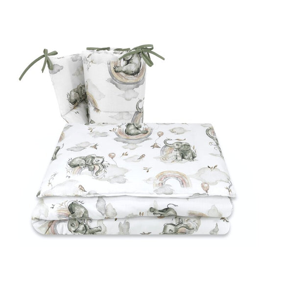 Lenjerie patut 3 piese, Qmini, Pentru patut 120x60 cm, Cu protectie laterala, Din bumbac certificat Oeko Tex Standard 100, Elephants on Rainbow