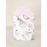 Paturica de infasat, Qmini, Cu doua fete, Cu multiple utilizari, Cu inchidere arici velcro, Dimensiune 75x75 cm, Din bumbac certificat Oeko Tex Standard 100, Elephants on Rainbow Pink