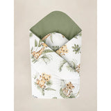 Paturica de infasat, Qmini, Cu doua fete, Cu multiple utilizari, Cu inchidere arici velcro, Dimensiune 75x75 cm, Din bumbac certificat Oeko Tex Standard 100, Safari