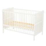 Patut din lemn bebe, 120x60 cm, Cu sina speciala pentru dentitie, Multifunctional, EN716-1, EN716-2, Alb, Qmini, Julia + Saltea 8 cm