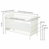 Patut din lemn bebe, 120x60 cm, Cu sina speciala pentru dentitie, Multifunctional, EN716-1, EN716-2, Alb, Qmini, Julia + Saltea 8 cm