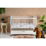 Patut din lemn bebe, 120x60 cm, Cu sertar, Din lemn de pin si mdf, Stabil si rezistent, Inaltime saltea reglabila pe 3 nivele, Laterala cu 3 bete detasabile, EN716-1, EN716-2, Alb, Qmini, Timmi Elephant + Saltea 12 cm