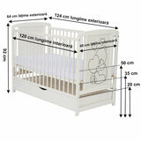 Patut din lemn bebe, 120x60 cm, Cu sertar, Din lemn de pin si mdf, Stabil si rezistent, Inaltime saltea reglabila pe 3 nivele, Laterala cu 3 bete detasabile, EN716-1, EN716-2, Alb, Qmini, Timmi Heart