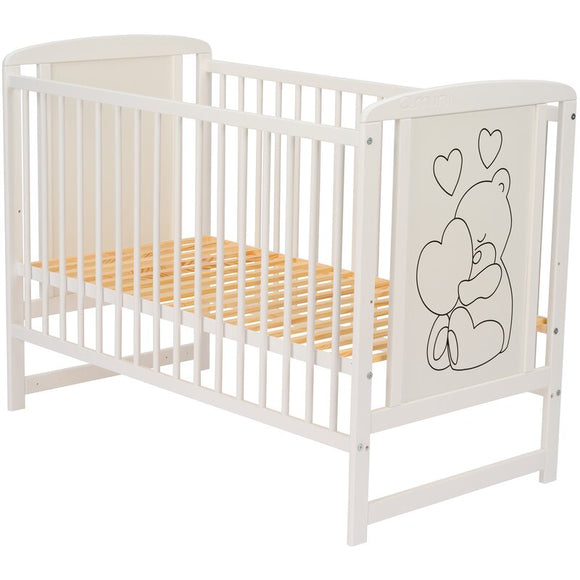 Patut din lemn bebe, 120x60 cm, Din lemn de pin si mdf, Stabil si rezistent, Inaltime saltea reglabila pe 3 nivele, Laterala cu 3 bete detasabile, EN716-1, EN716-2, Alb, Qmini, Timmi Heart