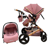Carucior Belecoo 3 in 1 cu suspensii si roti cauciuc plin, reversibil, accesorizat culoare Roz, BBD530WT