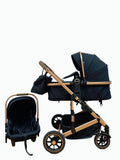 Carucior 3 in 1, Kidilo, cu suspensii, Geanta termica pentru accesorii si salteluta, Landou reversibil, Cadru aluminiu, BBDA10BLACK