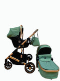 Carucior 3 in 1, Kidilo, cu suspensii, Geanta termica pentru accesorii si salteluta, Landou reversibil, Cadru aluminiu, BBDA10GREEN