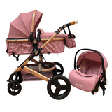 Carucior Belecoo 3 in 1 cu suspensii si roti cauciuc plin, reversibil, accesorizat culoare Roz, BBD530WT