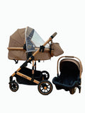 Carucior 3 in 1, Kidilo, cu suspensii, Geanta termica pentru accesorii si salteluta, Landou reversibil, Cadru aluminiu, BBDA10COFFE