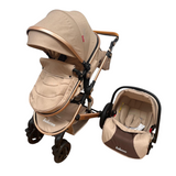 Carucior Belecoo 3 in 1 cu suspensii si roti cauciuc plin, reversibil, accesorizat culoare Crem , BBD530WT