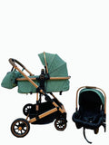 Carucior 3 in 1, Kidilo, cu suspensii, Geanta termica pentru accesorii si salteluta, Landou reversibil, Cadru aluminiu, BBDA10GREEN